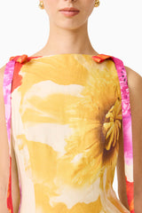 Brunette model wearing the Lilia A-Line Mini Dress in Multi Floral detail shot
