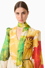 Brunette model wearing the Lilia Long Sleeve Mini Dress in Multi Floral detail shot 