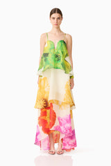 Brunette model wearing the Lilia Tiered Gown in Multi Floral front shot 