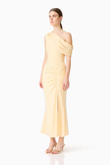 Brunette model wearing the Simone One Shoulder Maxi Dress in Butter Yellow side shot
