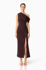 Brunette model wearing the Simone One Shoulder Maxi Dress in Chocolate Brown front shot 