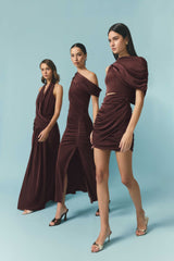Brunette model wearing the Simone One Shoulder Maxi Dress in Chocolate Brown campaign shot 