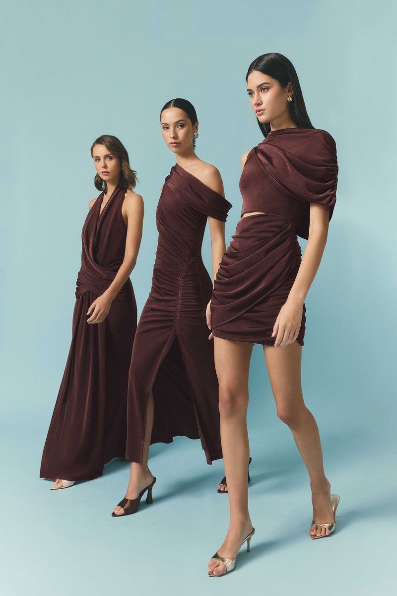 chocolate brown one shoulder dresses First Impressions One Shoulder Midi Dress Chocolate