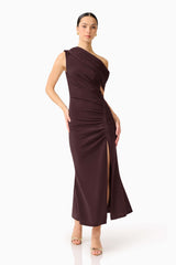 Brunette model wearing the Simone One Shoulder Maxi Dress in Chocolate Brown posed shot 