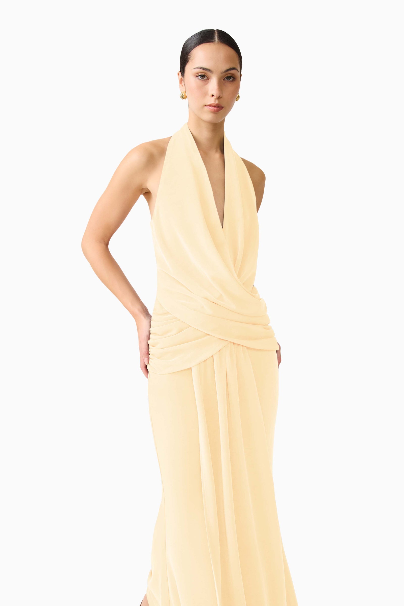 elliatt yellow dress Simone Cowl Neck Gown in Butter 25UnderAug Assymetrical Peplum Ruffle Evening making it an ideal COLOR:Chartreuse