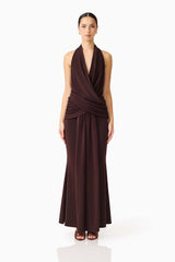 Brunette model wearing the Simone Cowl Neck Gown in Chocolate Brown front shot 