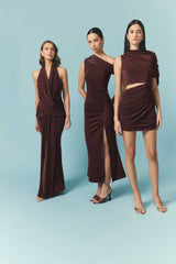 Brunette model wearing the Simone Cowl Neck Gown in Chocolate Brown campaign shot 