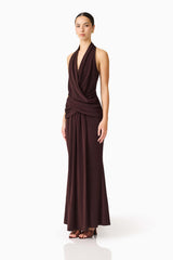 Brunette model wearing the Simone Cowl Neck Gown in Chocolate Brown side shot 