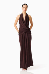 Brunette model wearing the Simone Cowl Neck Gown in Chocolate Brown posed shot 