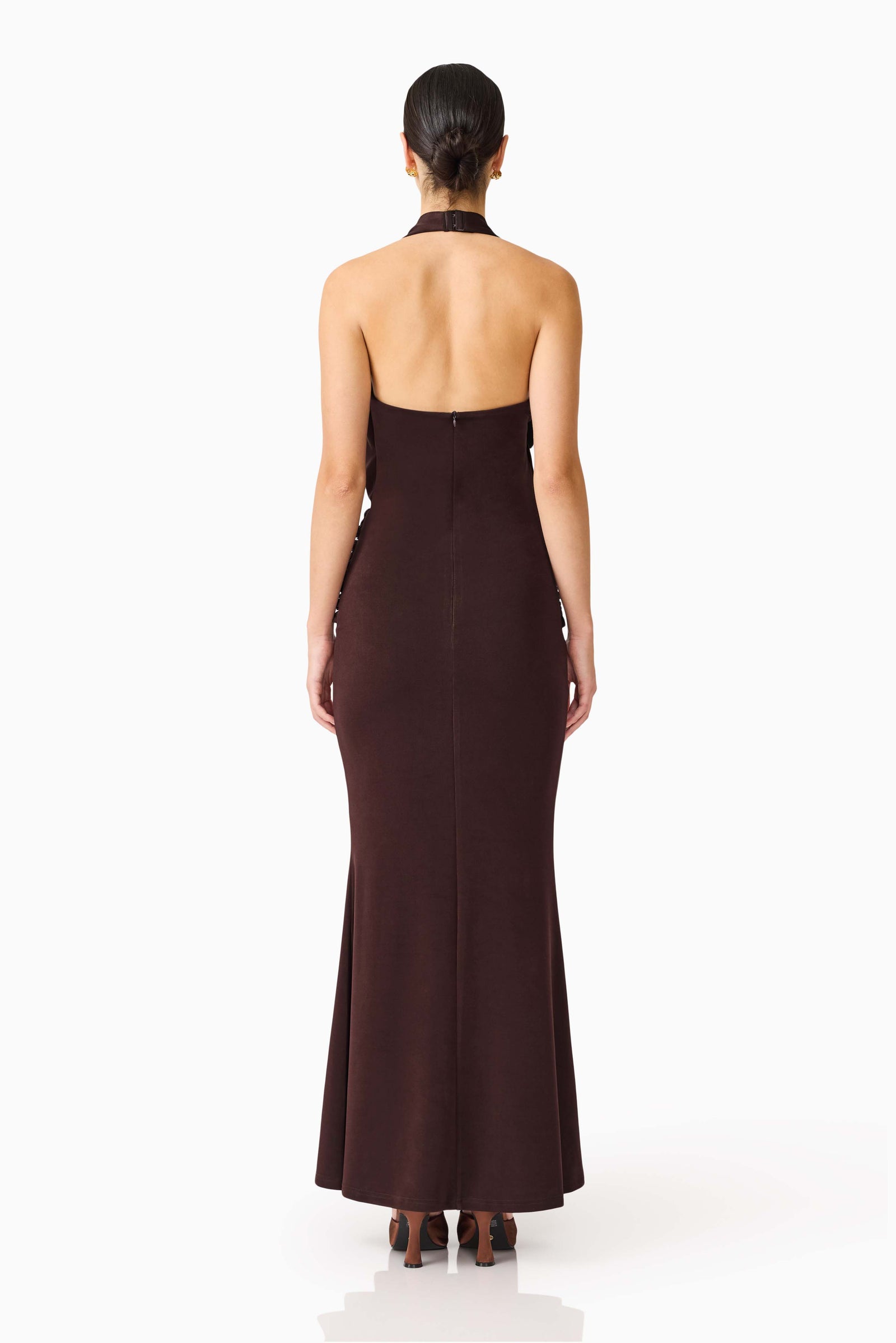 Simone Cowl Neck Gown in Chocolate Brown