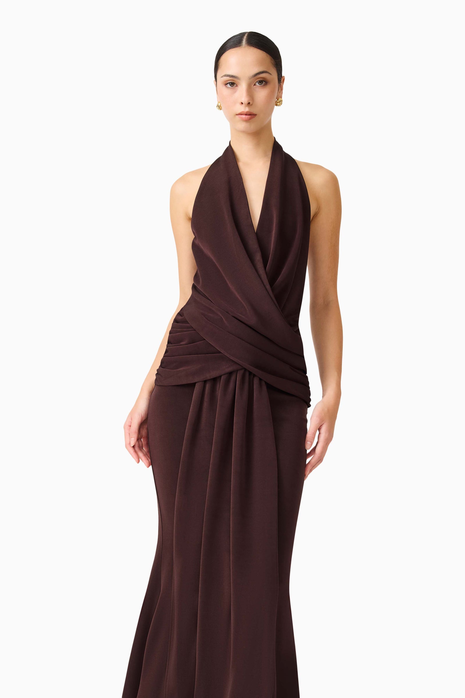 Simone Cowl Neck Gown in Chocolate Brown