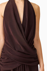 Brunette model wearing the Simone Cowl Neck Gown in Chocolate Brown detail shot 