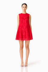 Brunette model wearing the Giovanna Shift Mini Dress in Red front shot