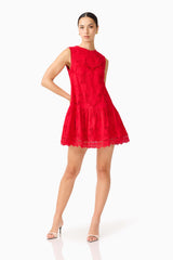 Brunette model wearing the Giovanna Shift Mini Dress in Red posed shot