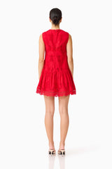 Brunette model wearing the Giovanna Shift Mini Dress in Red back shot