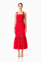 Brunette model wearing the Giovanna Fit & Flare Maxi Dress in Red front shot