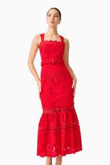 Brunette model wearing the Giovanna Fit & Flare Maxi Dress in Red posed shot