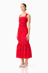 Brunette model wearing the Giovanna Fit & Flare Maxi Dress in Red side shot