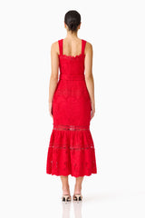 Brunette model wearing the Giovanna Fit & Flare Maxi Dress in Red back shot