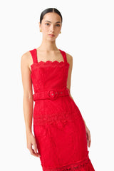 Brunette model wearing the Giovanna Fit & Flare Maxi Dress in Red close up shot