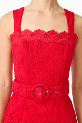 Brunette model wearing the Giovanna Fit & Flare Maxi Dress in Red detail shot