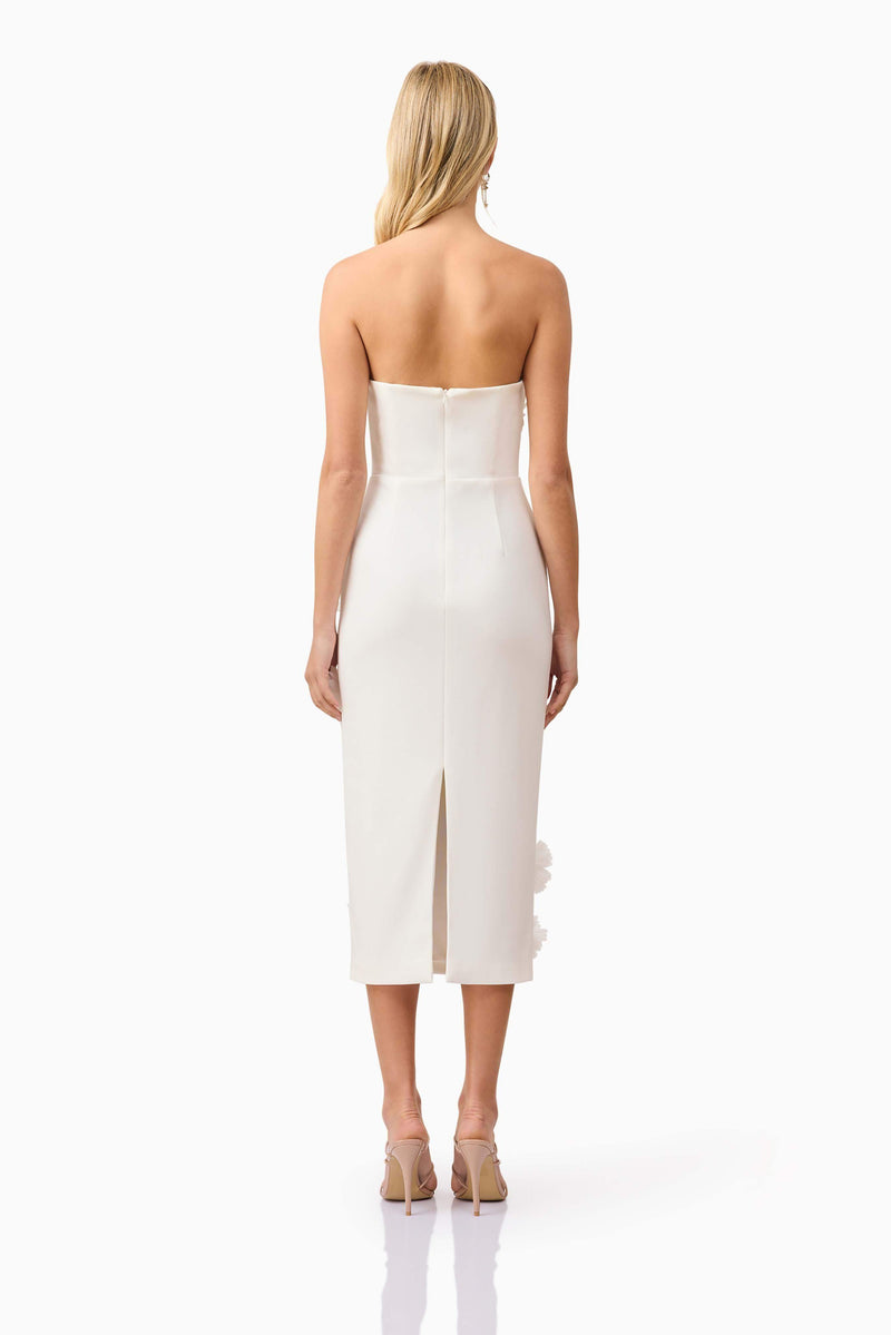 Kiara Strapless Midi Dress in White | 3D Floral Detailing Elliatt Kiara Strapless Midi Dress in White | 3D Floral Detailing Elliatt