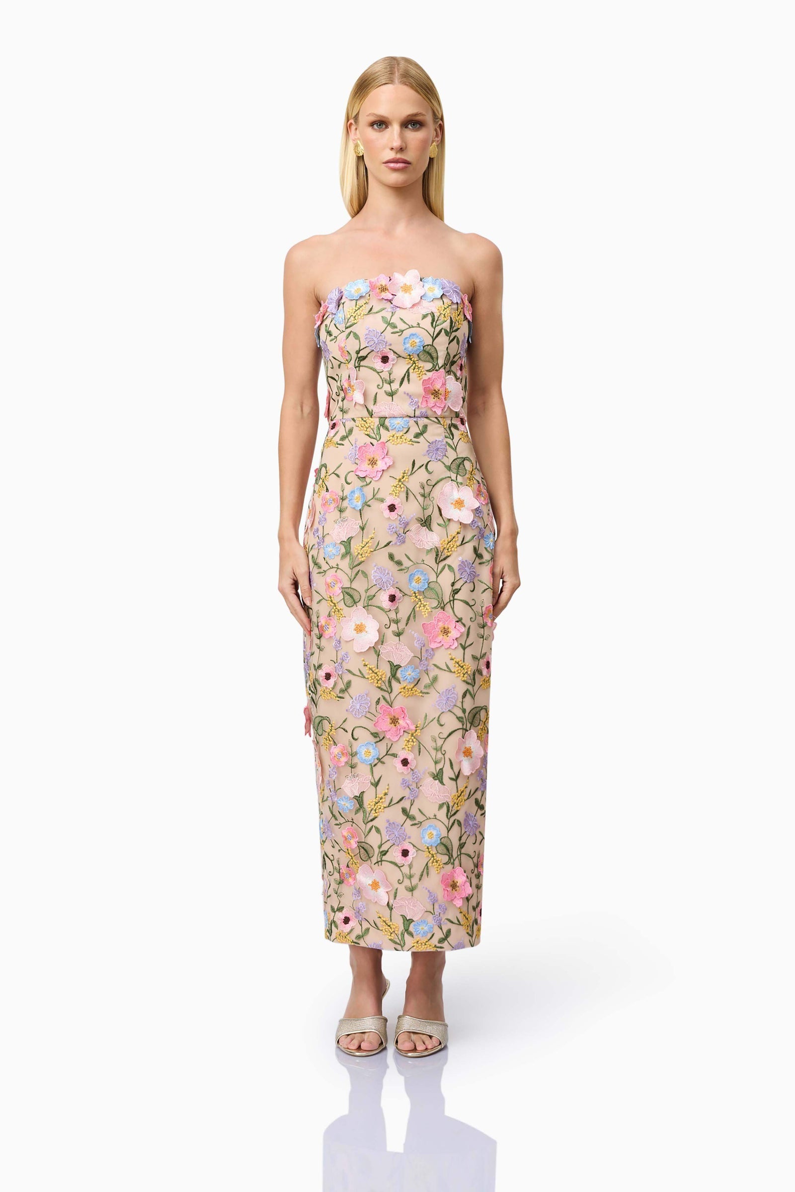 Helena Strapless Dress In Floral | 3D Floral Details  Elliatt