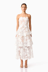Brunette model wearing Selene Maxi Tiered 3D Dress in White front shot