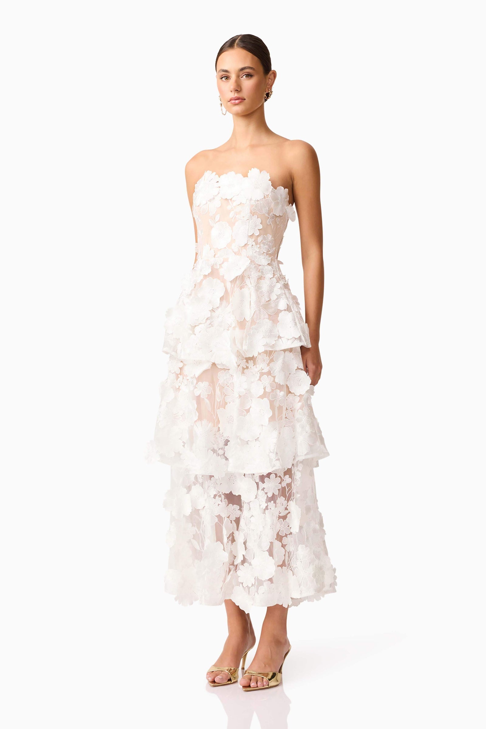 fitted lace wedding dress Astraea 3D Lace Maxi Dress In White  Elliatt