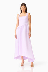 Brunette model wearing the Ruelle A-Line Maxi Dress in Purple posed shot 
