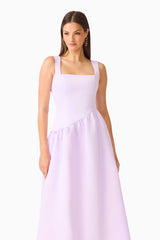 Brunette model wearing the Ruelle A-Line Maxi Dress in Purple close up shot 