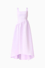 Brunette model wearing the Ruelle A-Line Maxi Dress in Purple ghost shot 