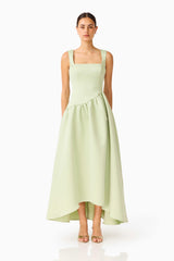 Brunette model wearing the Ruelle A-Line Maxi Dress in Sage Green front shot 
