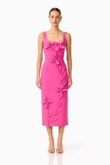 Brunette model wearing the Ilaria Floral Midi Dress in Pink front shot