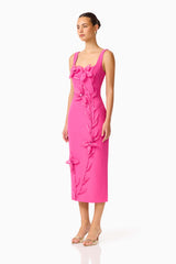 Brunette model wearing the Ilaria Floral Midi Dress in Pink side shot