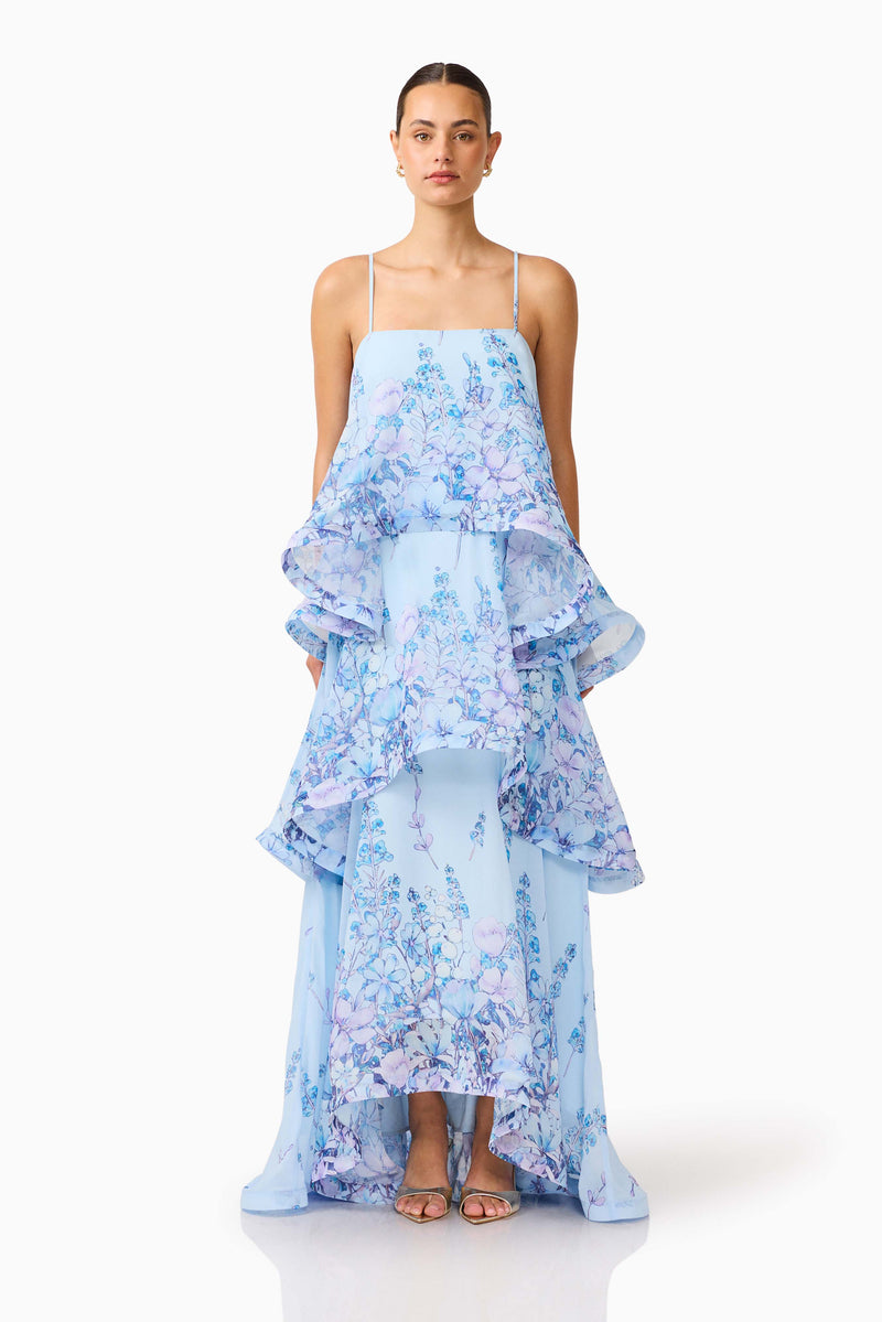 Brunette model wearing the Tilly Tiered Maxi Dress in Blue Floral front shot