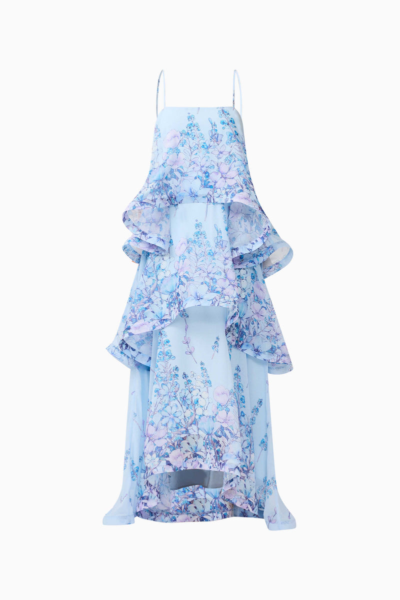 Brunette model wearing the Tilly Tiered Maxi Dress in Blue Floral ghost shot