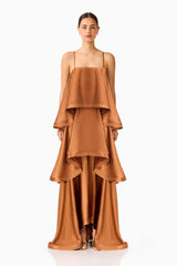 Brunette model wearing the Tilly Tiered Maxi Dress in Brown front shot 