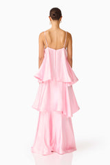 Brunette model wearing the Tilly Tiered Maxi Dress in Pale Pink back shot