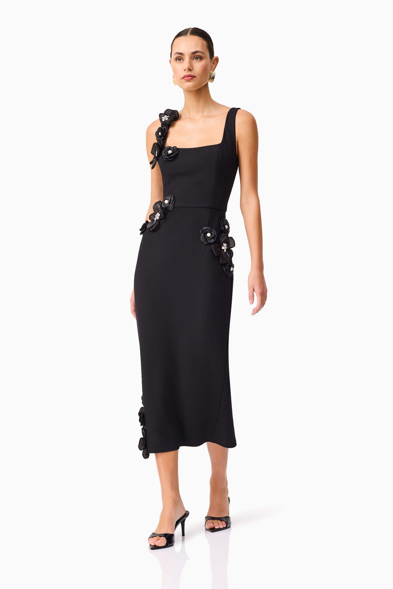 Chantelle 3D Midi Dress in Black | Floral Detailing Elliatt Chantelle 3D Midi Dress in Black | Floral Detailing Elliatt