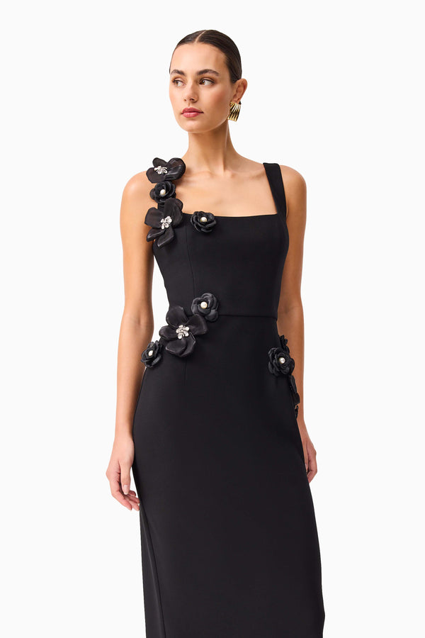 Brunette model wearing Chantelle 3D Midi Dress in Black close up looking away shot