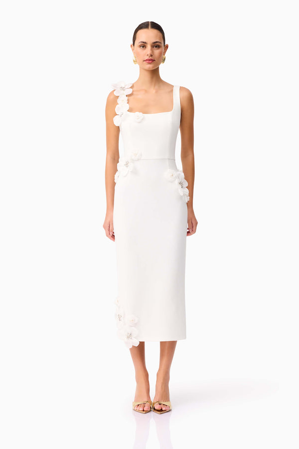 Brunette model wearing Chantelle 3D Midi Dress in White front shot