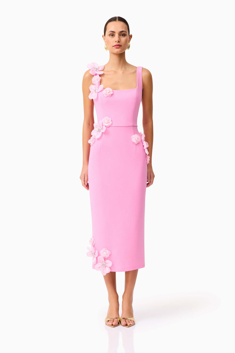 Brunette model wearing Chantelle 3D Midi Dress in Pink front shot