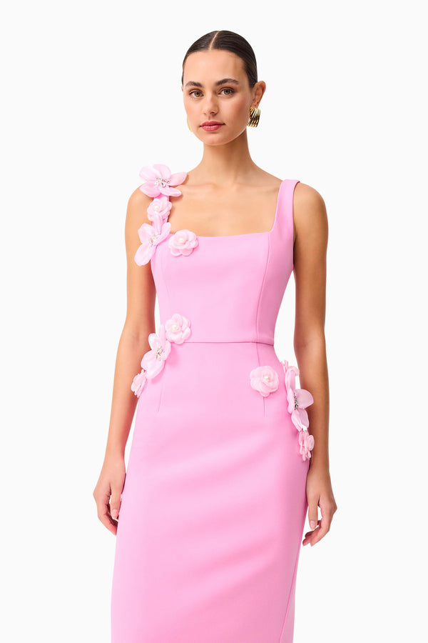 Brunette model wearing Chantelle 3D Midi Dress in Pink close up shot
