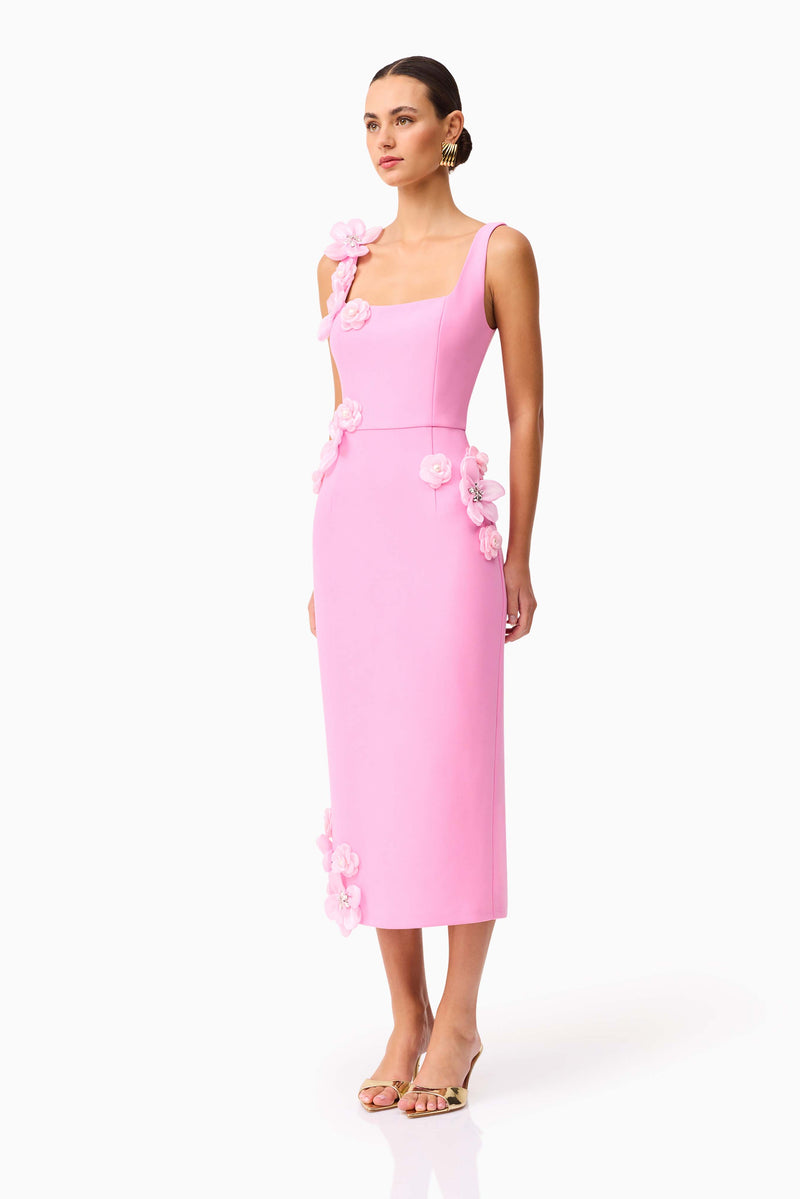 Brunette model wearing Chantelle 3D Midi Dress in Pink side shot