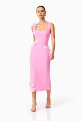 Brunette model wearing Chantelle 3D Midi Dress in Pink posed shot