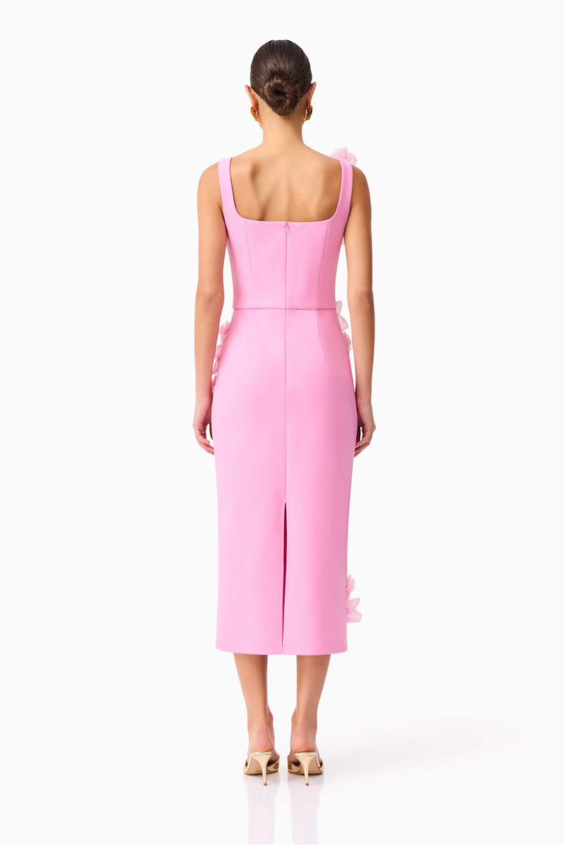Brunette model wearing Chantelle 3D Midi Dress in Pink back shot