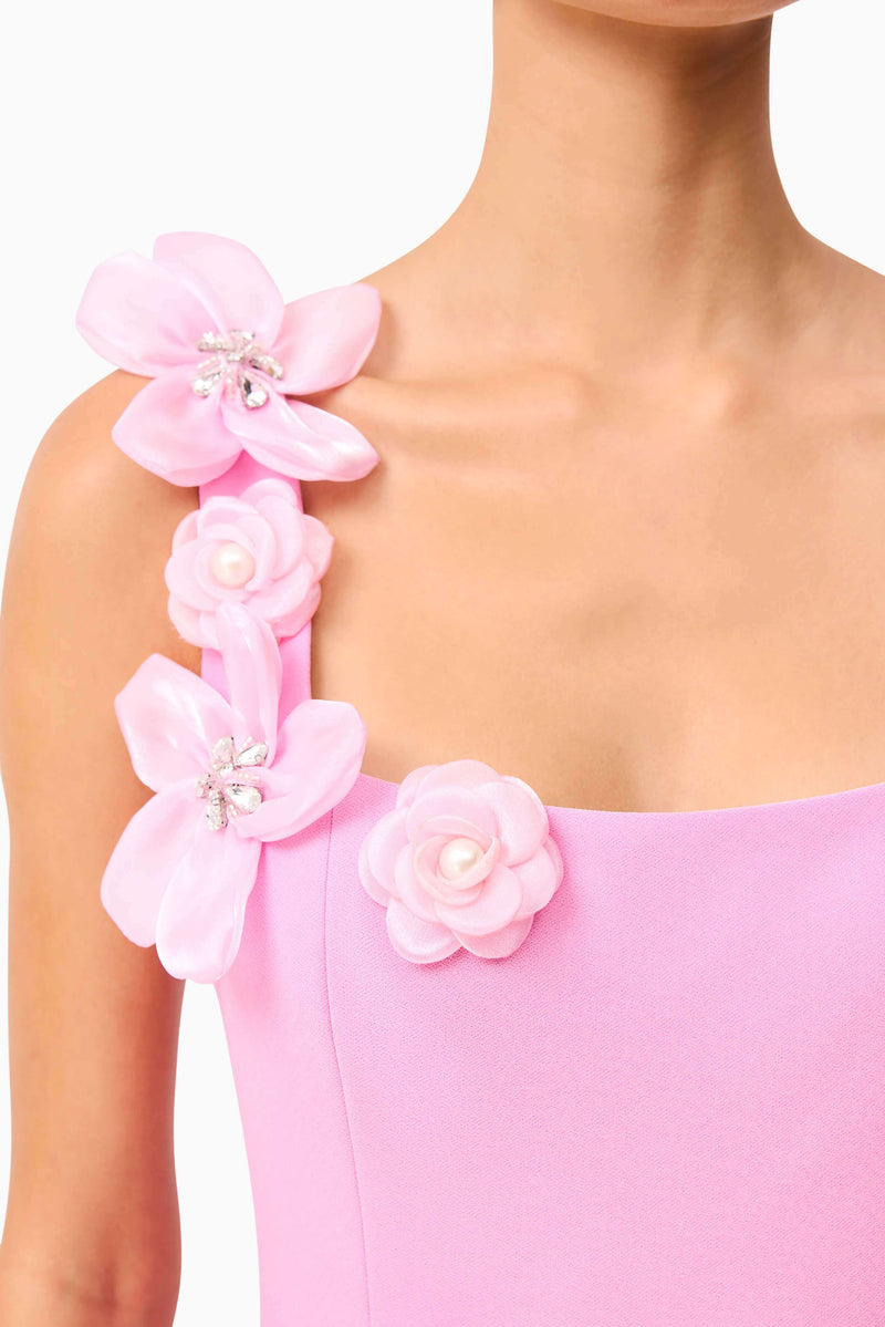 Brunette model wearing Chantelle 3D Midi Dress in Pink detail shot