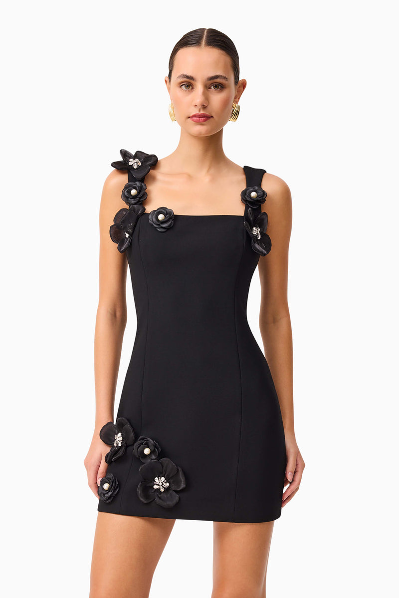 Brunette model wearing Chantelle Floral Mini Dress in Black close up shot