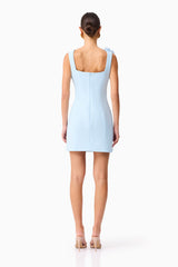 Brunette model wearing Chantelle Floral Mini Dress in Blue back shot